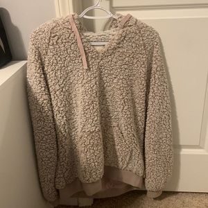 dusty pink sherpa pullover with hood & front pocket